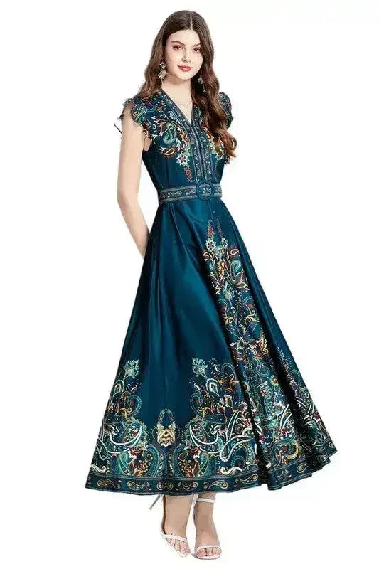 Floral Print V-Neck Dress with Belt - A-Line Style | Femstylo