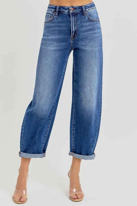 RISEN Plus Size High Rise Jeans Full Size Crop Mild Barrel Fit Women's Denim