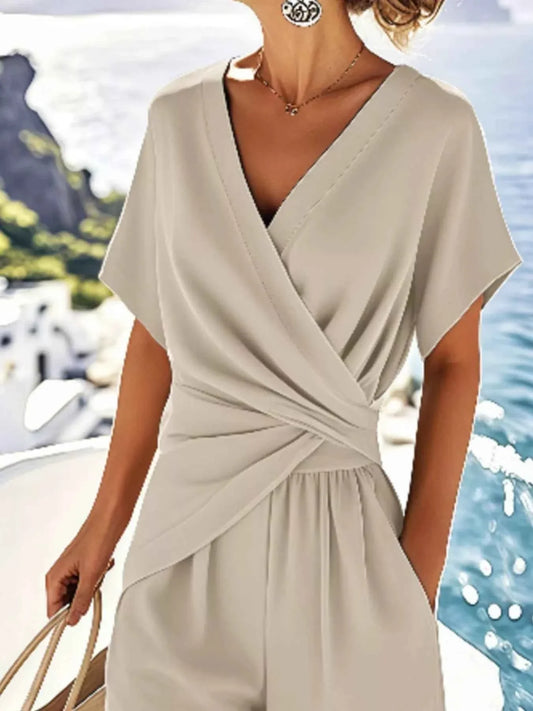 Full Size Surplice Short Sleeve Top and Pants Set Plus Size Pantsuit