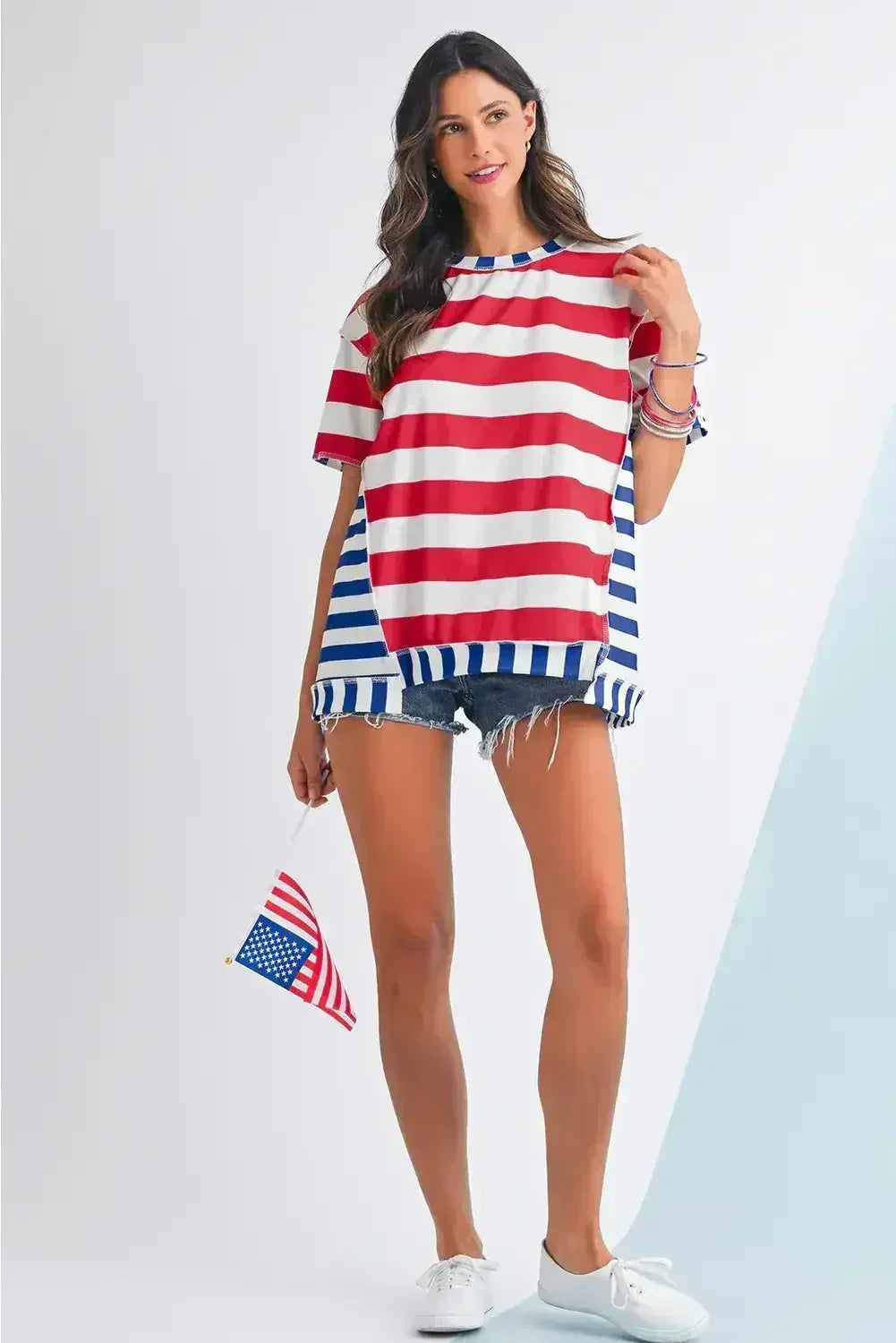 Red Stripe Loose Casual Color Block T Shirt