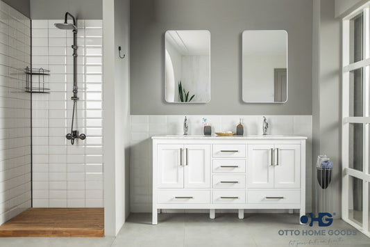 Ashley 60" White Double Bowls Bathroom Cabinet | Hardware | Kitchen + Metal