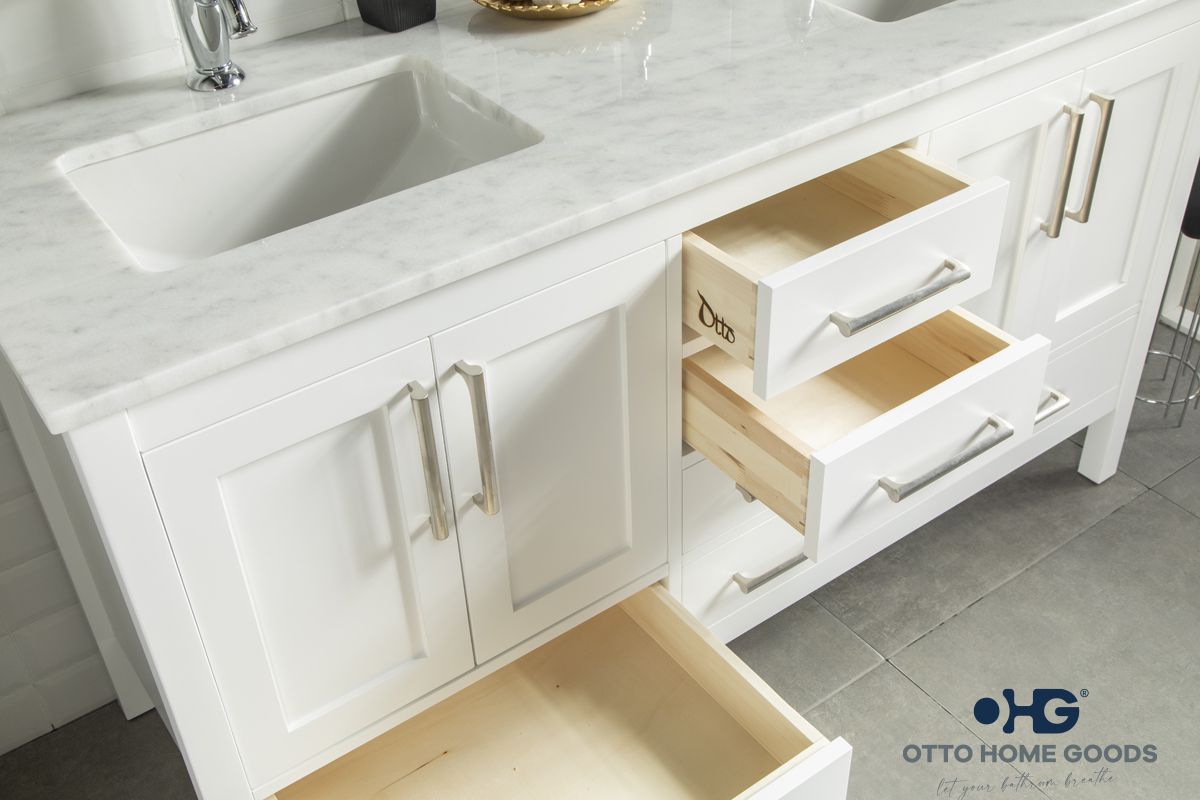 Ashley 60" White Double Bowls Bathroom Cabinet | Hardware | Kitchen + Metal