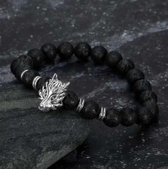 Asgard Grey Wolf Head Bracelet with Lava Stone
