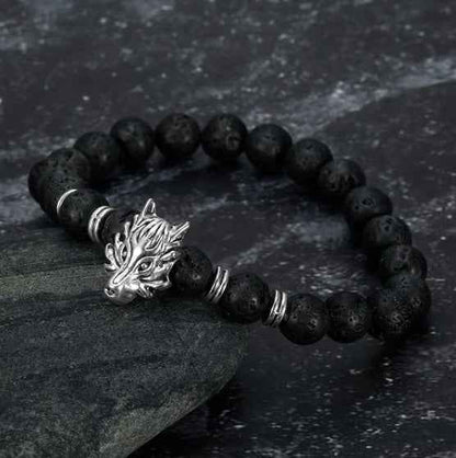 Asgard Grey Wolf Head Bracelet with Lava Stone