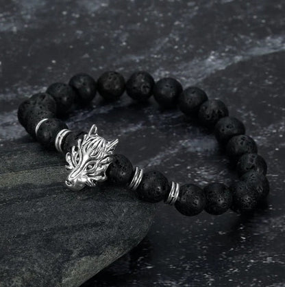 Asgard Grey Wolf Head Bracelet with Lava Stone