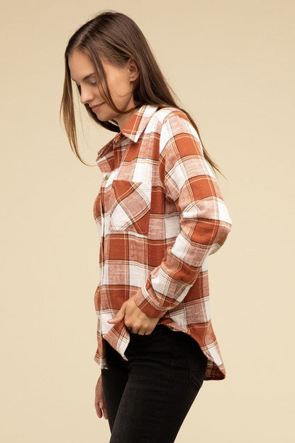 ZENANA Cotton Plaid Shacket With Front Pocket