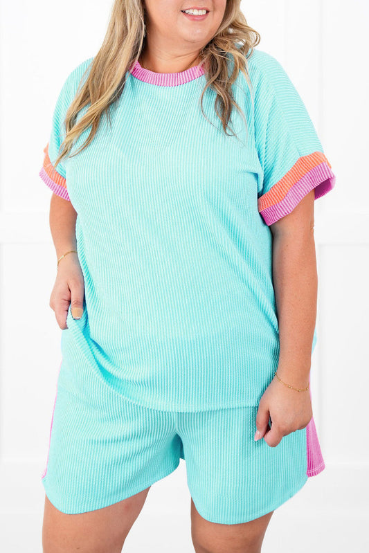 Bonbon Colorblock Corded Plus Size Two Piece Shorts Set