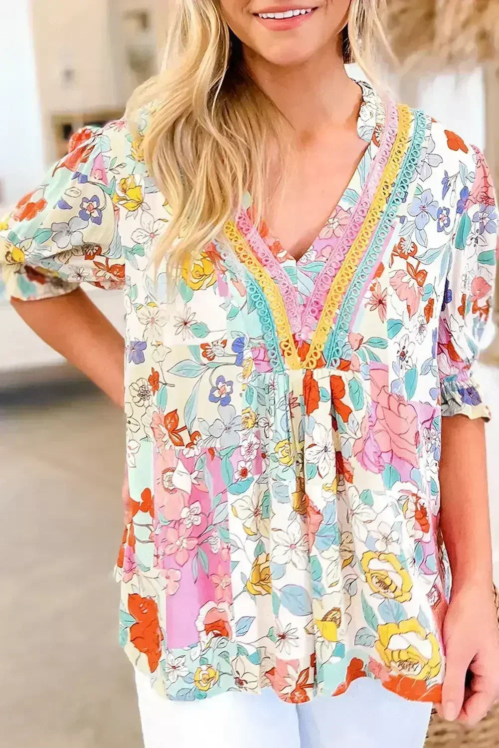 Pink Boho Flower Print Frill Neck Puff Sleeve Blouse | Femstylo