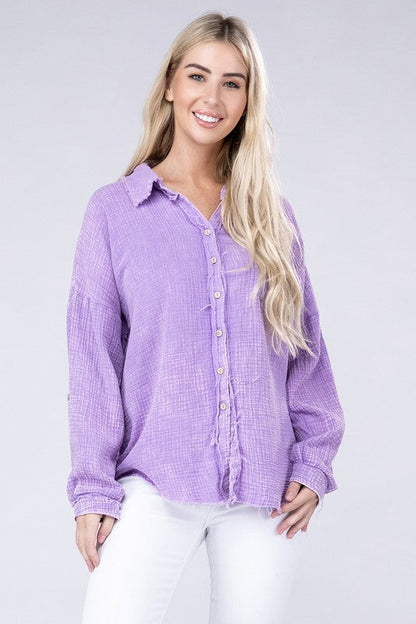 ZENANA Washed Double Gauze Button Down Shirt