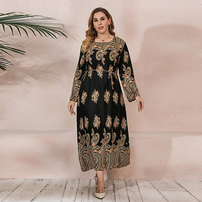 Plus Size Ethnic Loose Maxi Dress Cashew Printed Long Sleeve Dress