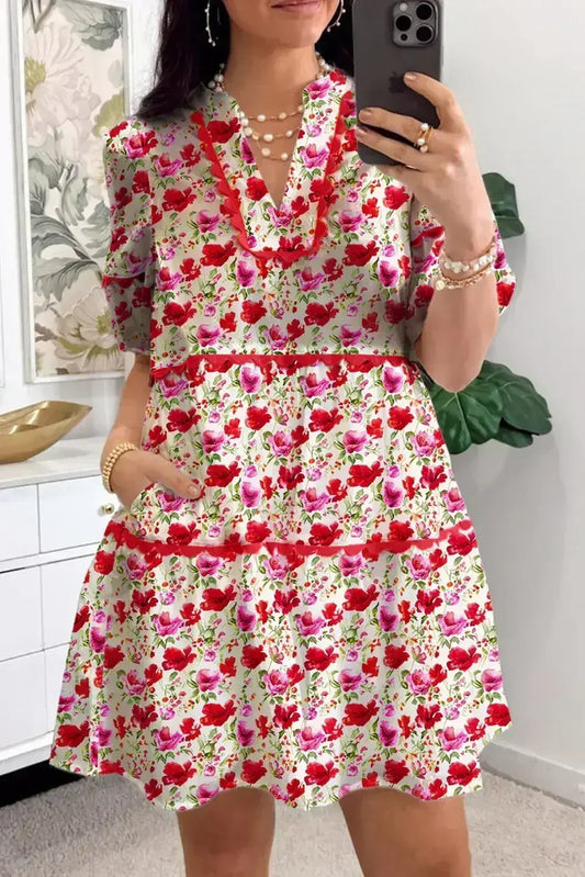 Red Floral Puff Sleeve Tiered Ric Rac Pocketed Mini Dress