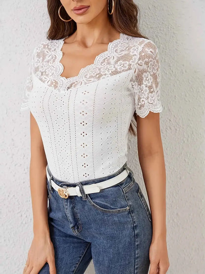 Lace Trim Eyelet Embroidered Summer T Shirt