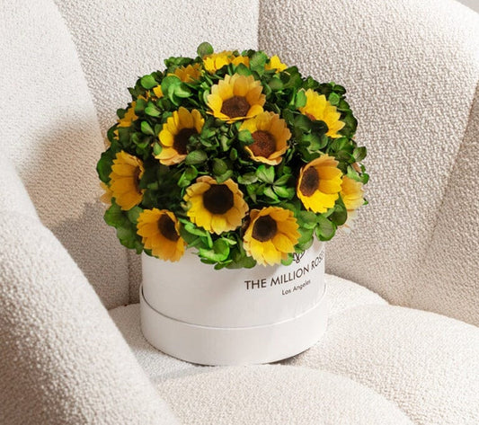 Classic White Box | Green Hydrangeas & Sunflowers