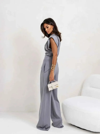 Slit Ruched Top and Wide Leg Pants Set