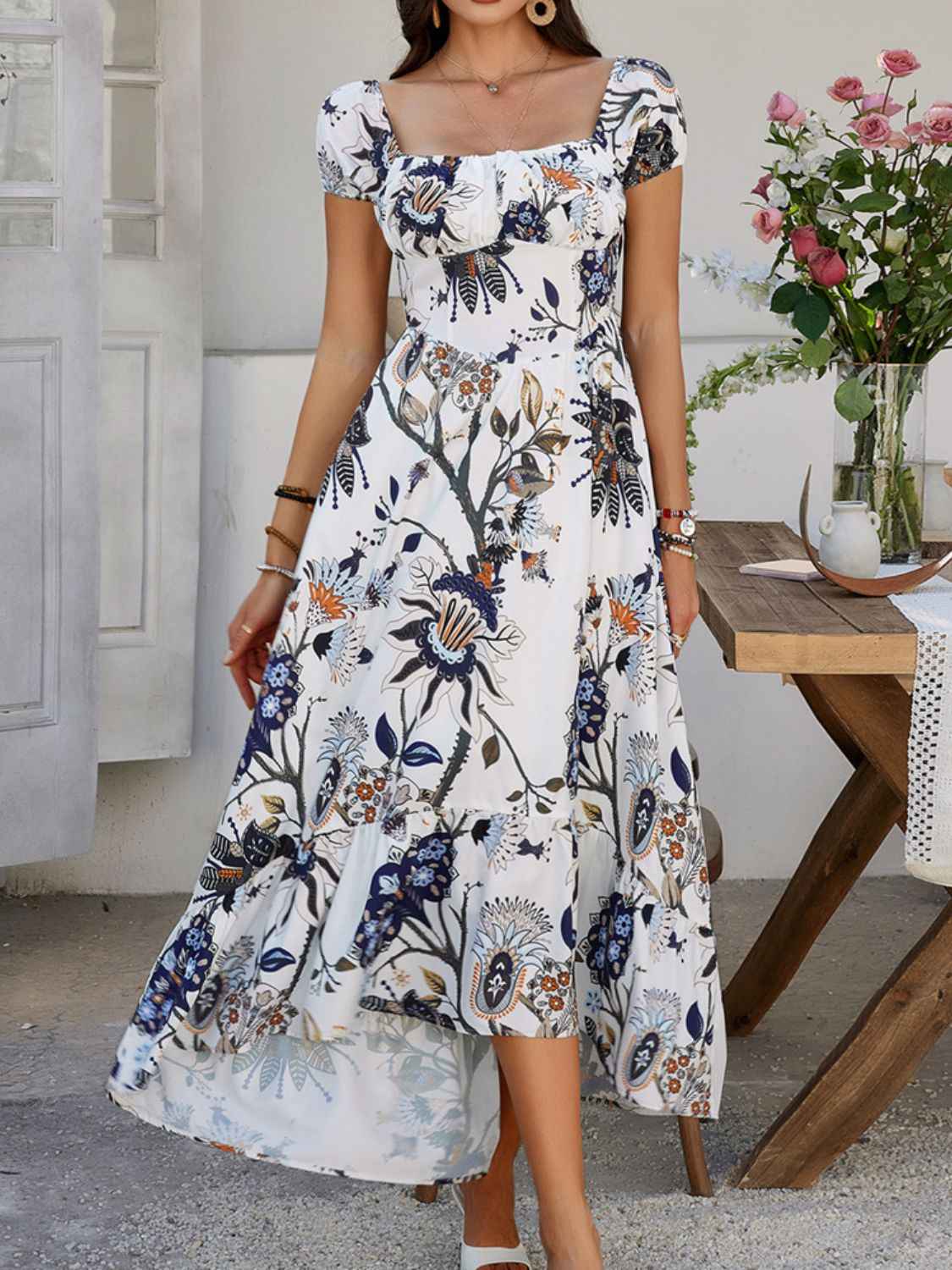 Devine Smocked Maxi Dress - Printed Short Sleeve Women's  Dress