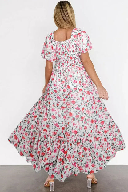 Pink Floral Puff Sleeve Square Neck Empire Waist Tiered Maxi Dress