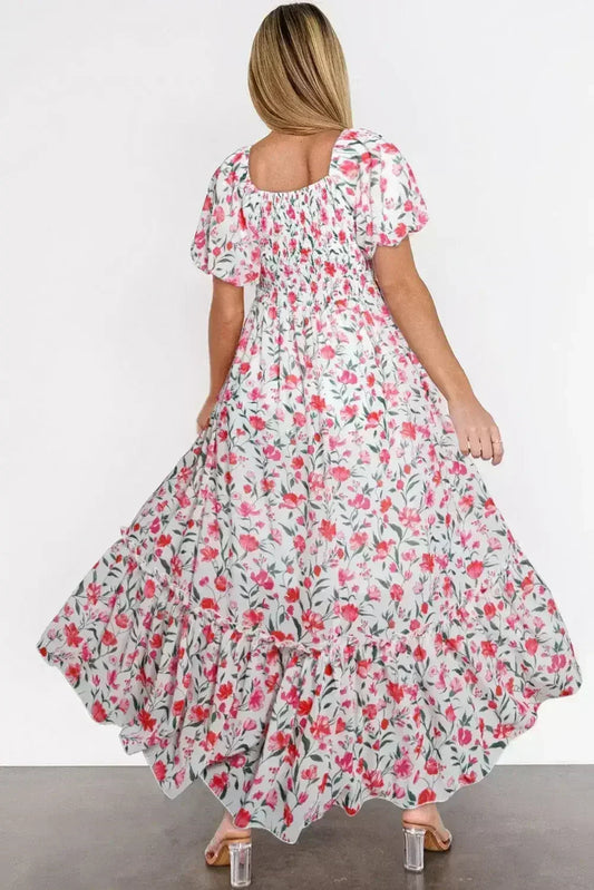 Pink Floral Puff Sleeve Square Neck Empire Waist Tiered Maxi Dress