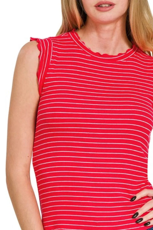 Zenana Ribbed Ruffle Trim Sleeveless Stripe Top in Ruby