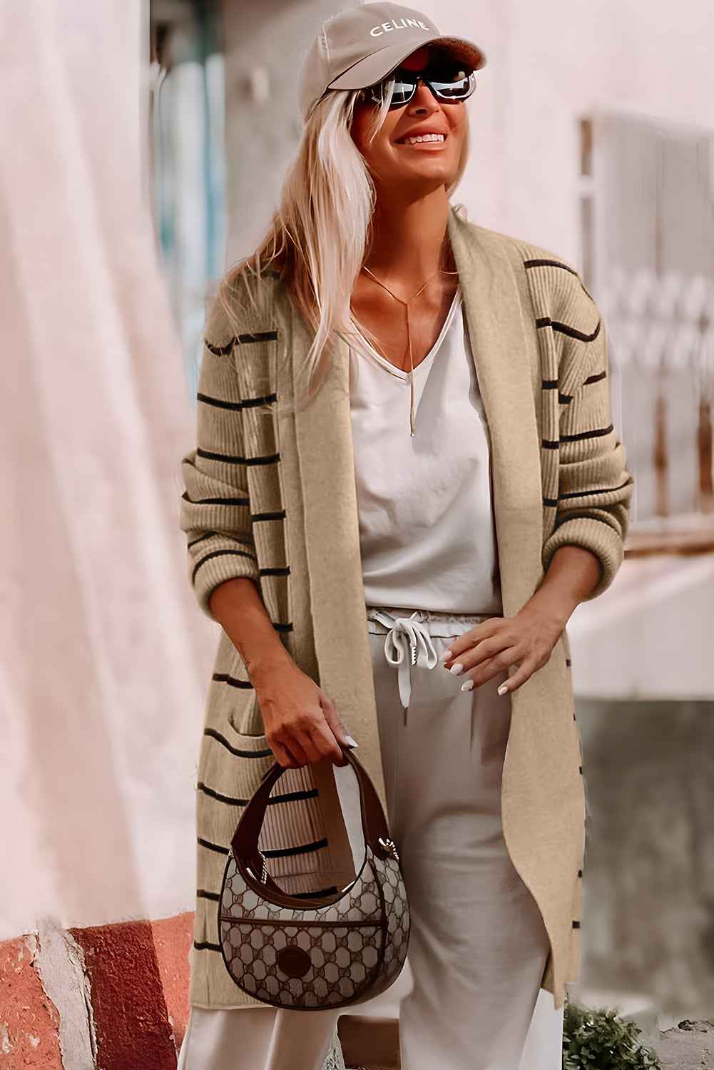 Black Stripe Cardigan with Side Pockets and Open Front