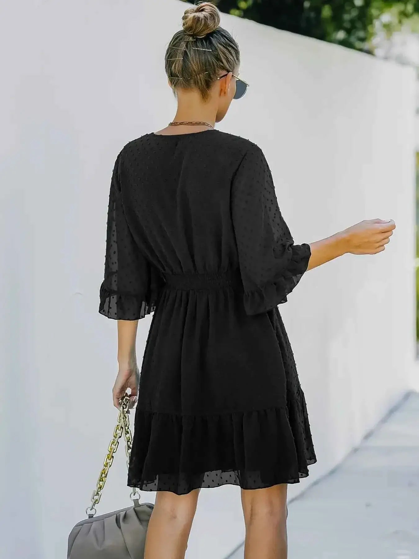 Swiss Dot Dress with Flare Sleeves - Mini Wrap Style