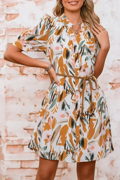 Brown Abstract Puff Sleeve Button Up Braided Belt Mini Dress