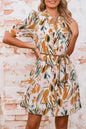 Brown Abstract Puff Sleeve Button Up Braided Belt Mini Dress