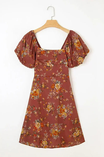 Red Floral Puff Sleeve Square Neck Knot Open Back Mini Dress