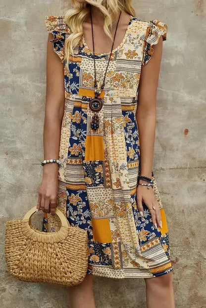 Multicolour Boho Floral Pleated Sleeveless Mini Dress