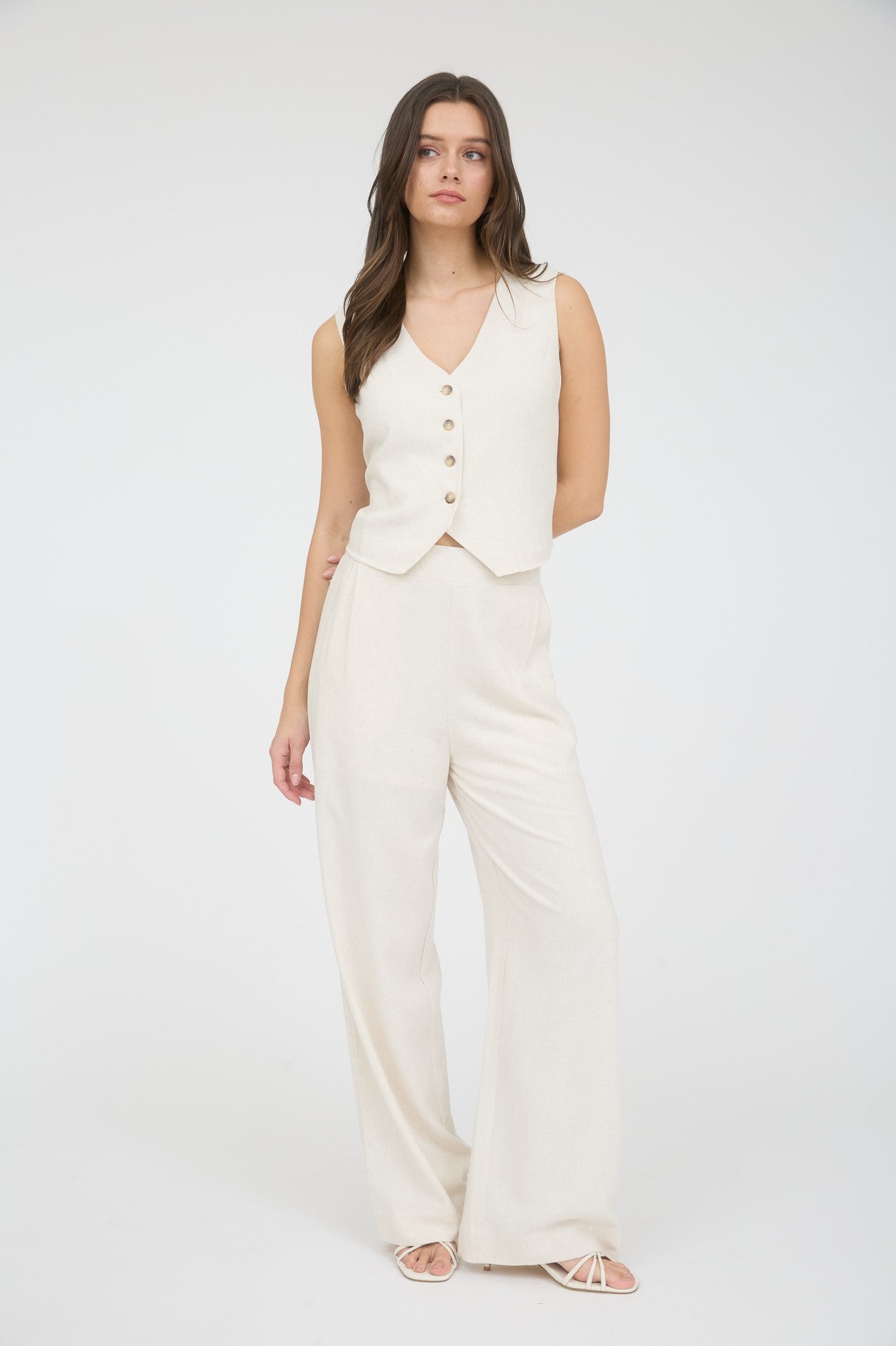 V Neck Button Down Linen Vest