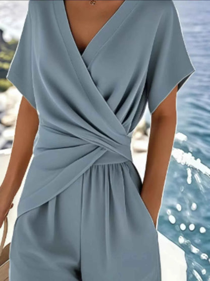 Full Size Surplice Short Sleeve Top and Pants Set Plus Size Pantsuit