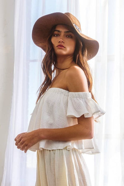 Solid Ruffled Off Shoulder Crop Top