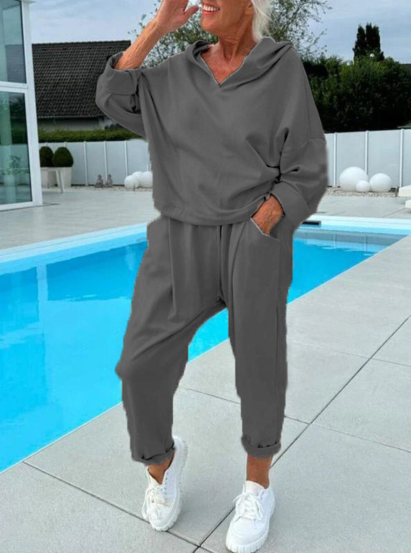 Solid Color Women's Sweatsuit Two-piece Hooded Set