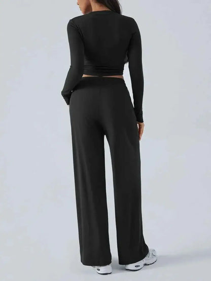 Round Neck Long Sleeve Crop Top and Pants Set