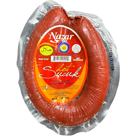 Nazar Hot Sucuk - Spicy Turkish Sausage, 1 Lb, Perfect for Grilling and Flavorful Dishes