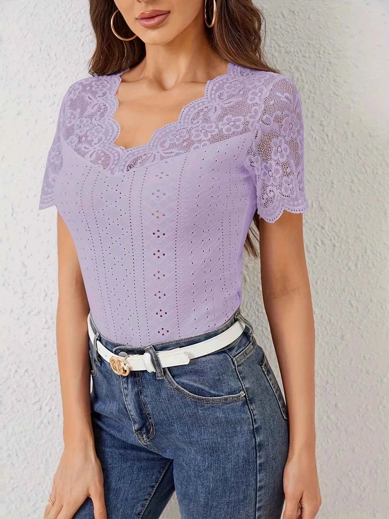 Lace Trim Eyelet Embroidered Summer T Shirt