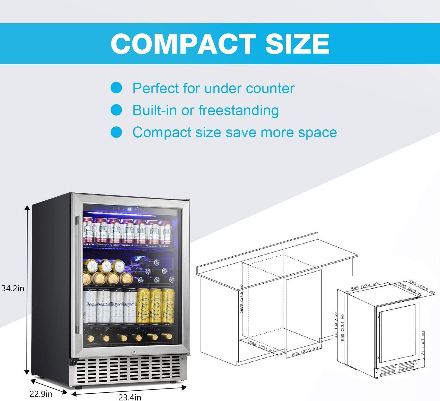 24 Inch Metal Shelves Built-in Wine Fridges Cooler Beverage Refrigerator