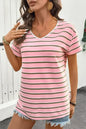 Pink Stripe V Neck Casual T-Shirt