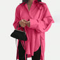 Women's Loose-Fit Long Sleeve Shirt with Side Slit Tie Detail - Stylish Button-Down Blouse