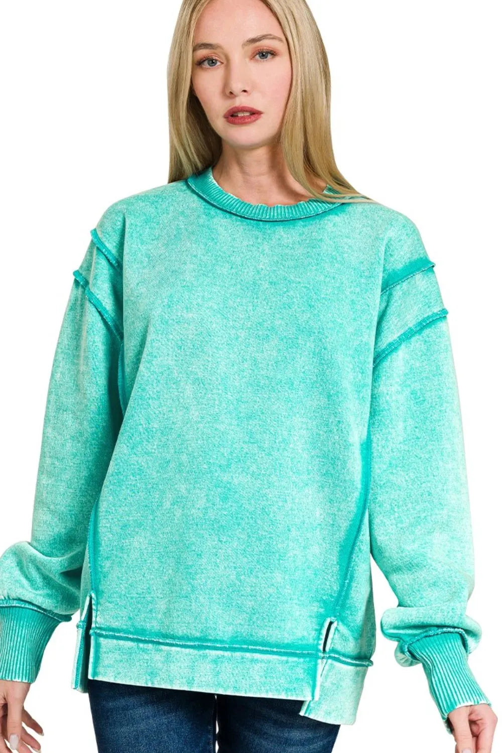 Zenana Acid Wash Exposed-seam Fleece Sweatshirt in Turquoise