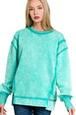 Zenana Acid Wash Exposed-seam Fleece Sweatshirt in Turquoise