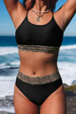 Rose Leopard Print Spaghetti Strap Padded Wireless Two Piece Swimsuit