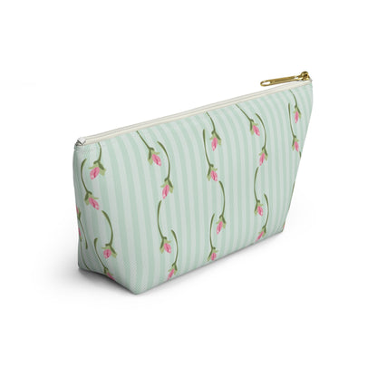 Customizable: Floral Print Accessory Pouch | Cute Makeup Bag, Travel Organizer, Gift for Her, Floral Clutch, Green Striped Bag