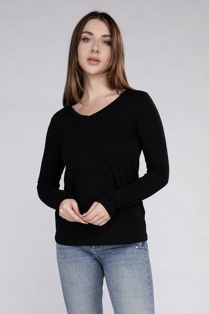 ZENANA Cotton V-Neck Long Sleeve T-Shirt
