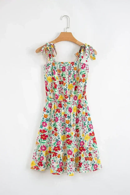 Red Floral Print Knotted Strap Cinched Waist Ruffle Hem Mini Dress