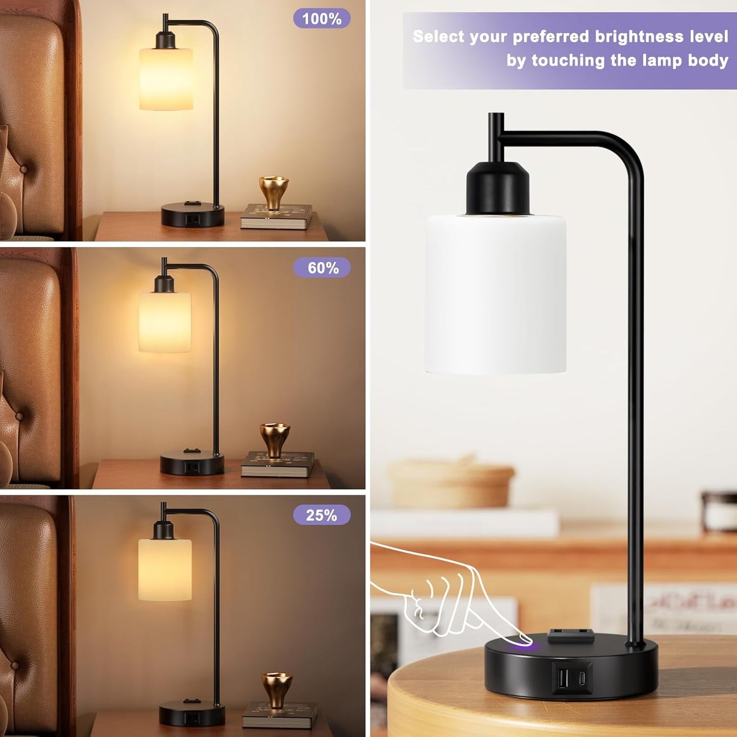 Industrial Touch Bedside Lamps for Bedrooms Set of 2 - 3-Way Dimmable | Lighting | Kitchen + Metal