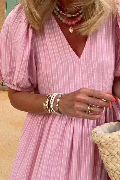 Pink Striped V Neck Puff Sleeve Frill Tiered Maxi Dress
