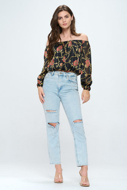 Off-Shoulder Printed Crop Top with Long Sleeves | Apparel | Kitchen + Metal