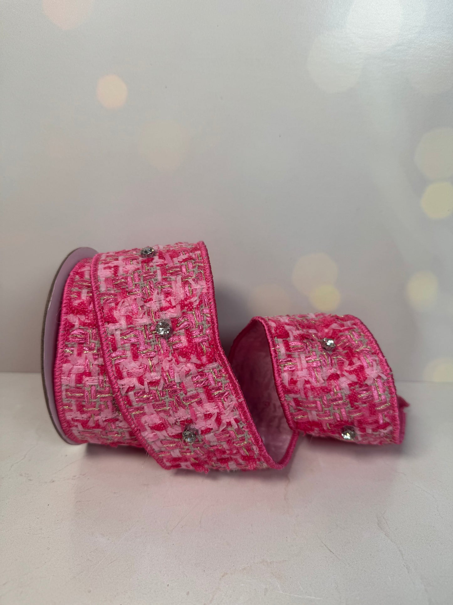 2.5" x 5Y Pink Tweed & Bling Wired Ribbon