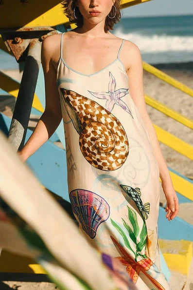 Eurochic Satin Beach Dress with Sea Life Print – Coastal Vacation Vibes