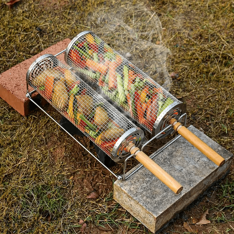 Stainless Steel BBQ Grill Basket with Wood Handle – Non-Stick Rolling Grilling Cage for Vegetables & Meat – Outdoor Camping & BBQ Accessories